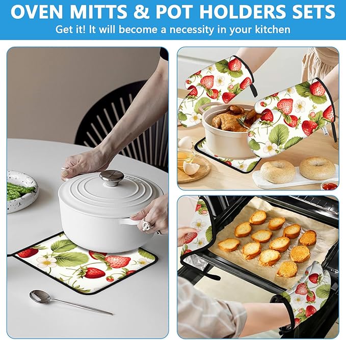 Red Strawberry Flower Oven Mitts and Pot Holders Sets Heat Resistant 4Pcs - Image 6