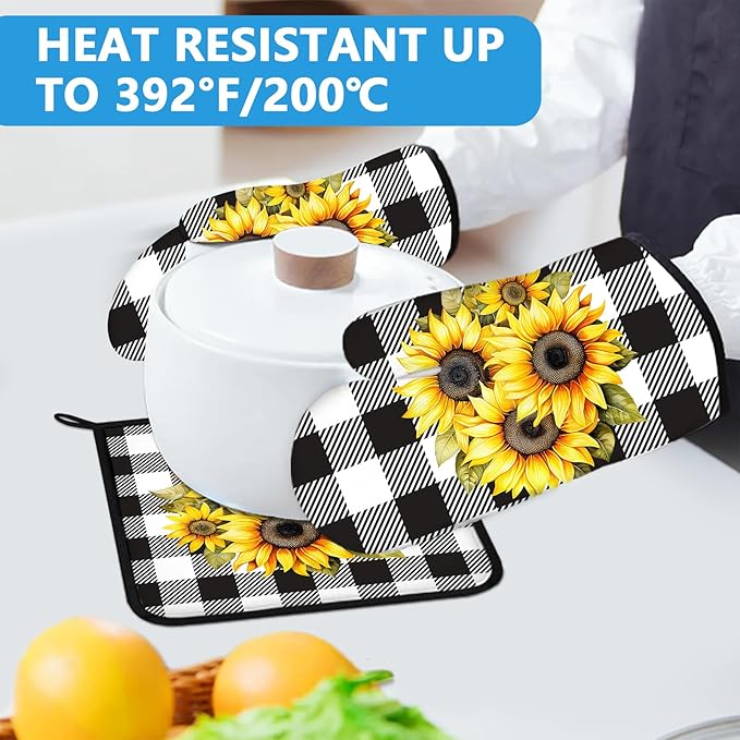 Sunflower Oven Mitts and Pot Holders Sets Heat Resistant 4Pcs Black White - Image 5