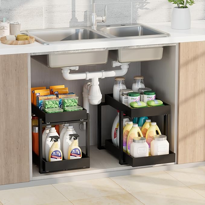APRTAT 2 Pack Under Sink Organizer, Bamboo Wooden 2-Tier Pull-Out Storage by HEALTHYYOU
