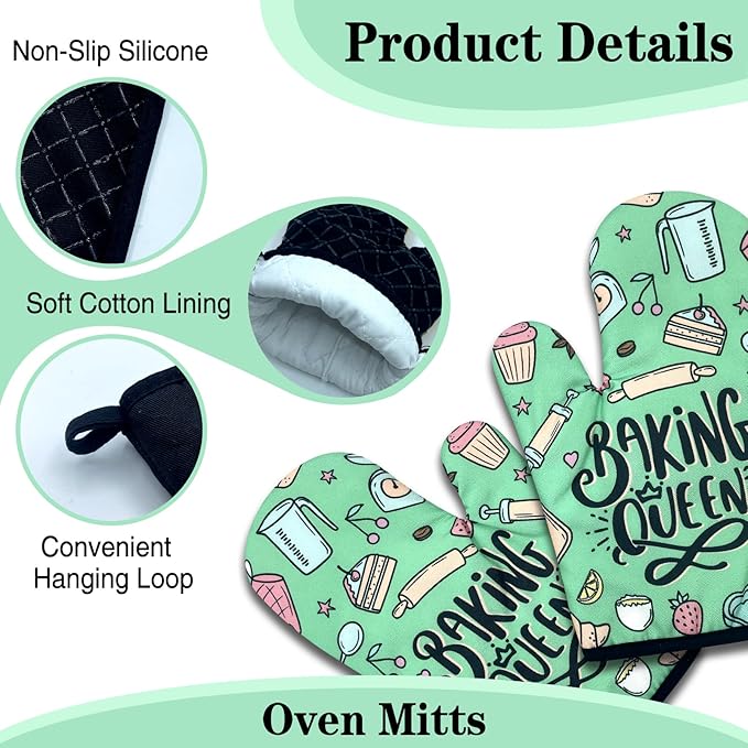 2 Pack Funny Baking Oven Mitts for Women, Baking Queen, Heat Resistant Silicone - Image 3
