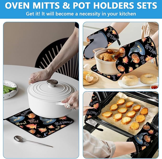 Halloween Pumpkin Autumn Maple Leave Oven Mitts and Pot Holders Sets Heat - Image 6