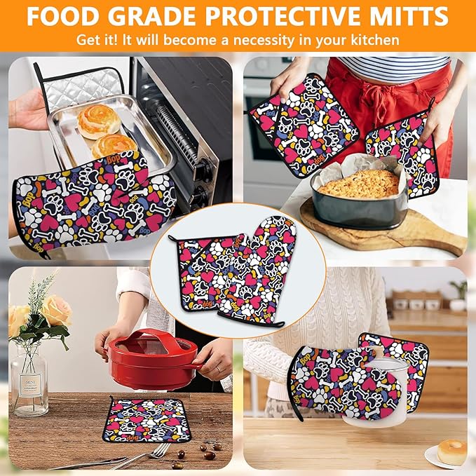 Paw Prints Oven Mitts and Pot Holders Sets 4Pcs, Extra Long Oven Gloves - Image 7