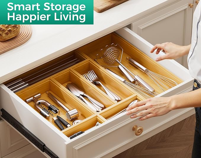Bamboo Kitchen Drawer Organizer Boxes – 9" x 3" Stackable Wood Silverware - Image 4