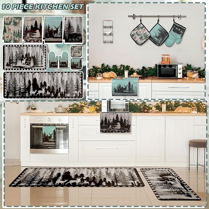 Fourluoo 10 Pcs Farmhouse Kitchen Decor Set Dish Towels Kitchen Rugs Oven Mitts - Image 6