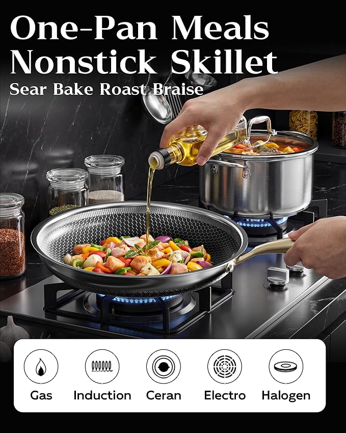 Nonstick Frying Pan with Lid 10-Inch, Durable Stainless Steel Skillet, - Image 4