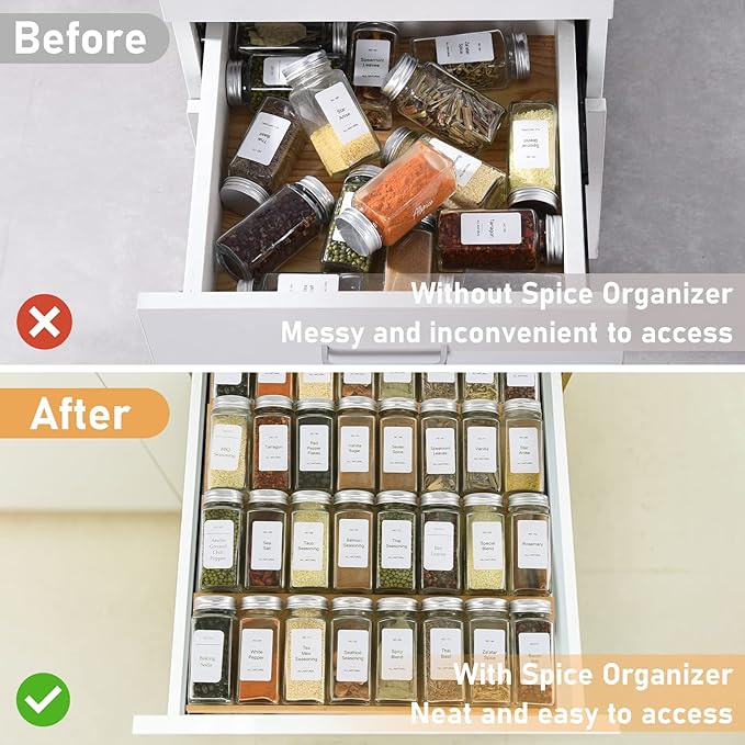 Spice Drawer Organizer with 24 Spice Jars, 216 Labels, 25 Non-slip Rubber - Image 4