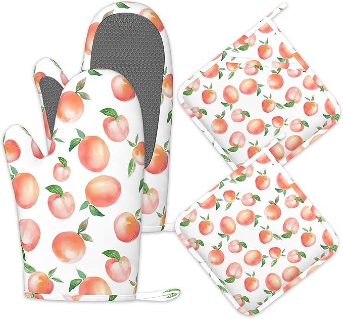 Watercolor Peaches Oven Mitts and Pot Holders Sets, Silicone Kitchen Mitts by Unknown