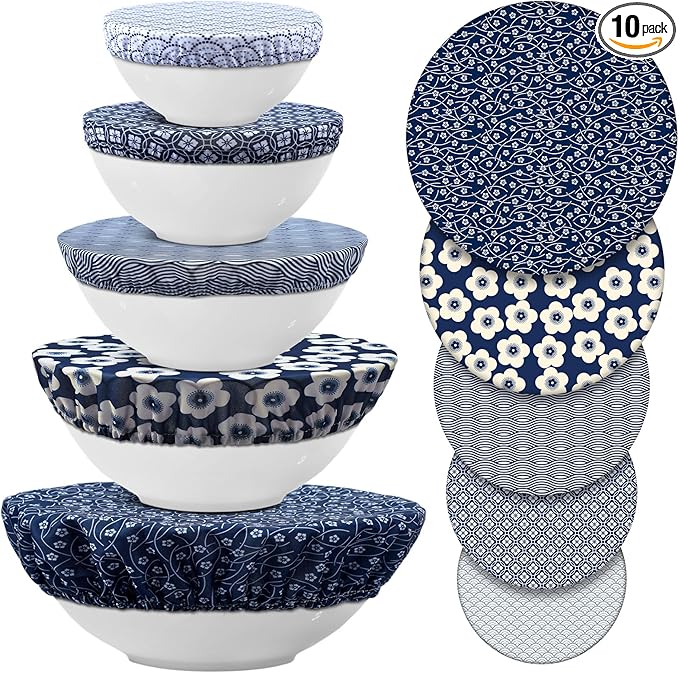 Patelai 10 Pcs Bowl Covers Reusable in 5 Size Stretch Cloth Fabric Elastic Food by Patelai