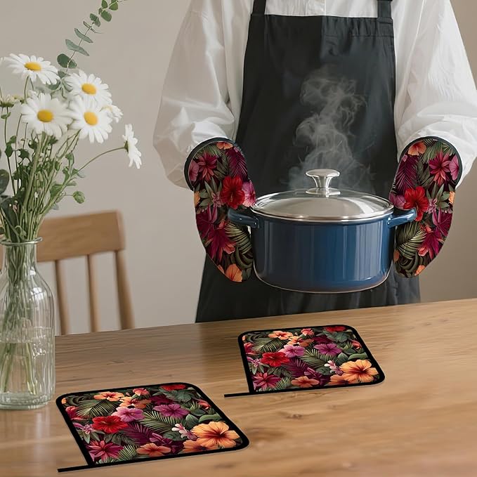 Tropical Palm Leaf Oven Mitts and Pot Holders Set, Hibiscus Kitchen Oven Gloves - Image 7