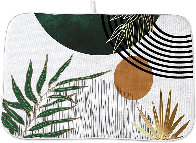 Mid Century Dish Drying Mat 18x24 Inch Boho Green Gold Tropical Leaf Sunset by OFIRD