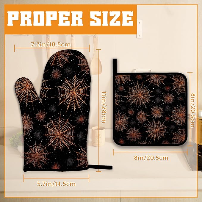 Halloween Oven Mitts and Pot Holders Set, Spider Web Kitchen Decor Heat - Image 2