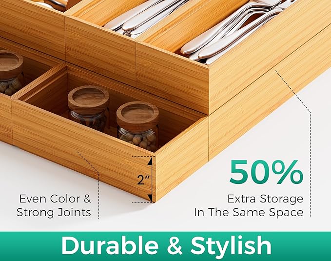 Bamboo Kitchen Drawer Organizer Boxes – 12" x 3" Stackable Wood Silverware - Image 5