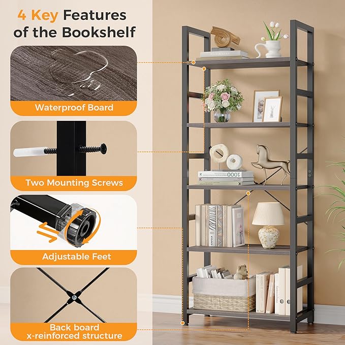 DUMOS 5-Tier Bookshelf, Modern Tall Bookcase, Open Storage Display Shelf - Image 8