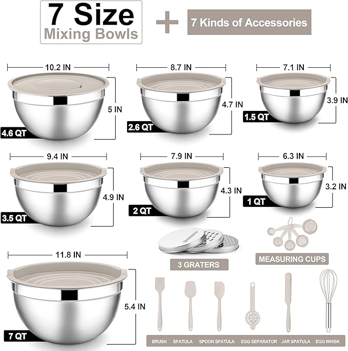 E-far Mixing Bowls with Lids Set, Size 7, Nesting Design & Khaki Airtight Lid - Image 5