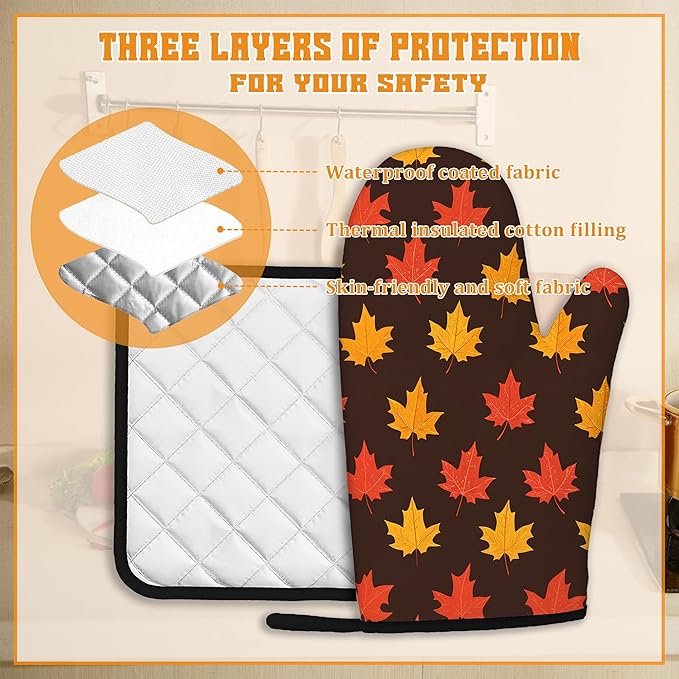Maple Leaf Oven Mitts and Pot Holders Set, Autumn Kitchen Decor Heat Resistant - Image 3