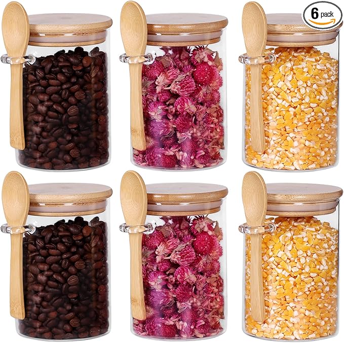 Glass Jars with Bamboo Lids and Spoon Set of 6, 17 OZ Coffee Sugar Container by LEAVES+AND+TREES+Y