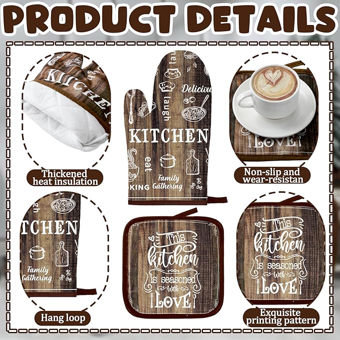 12 Pcs Farmhouse Kitchen Oven Mitts and Pot Holders Decor Sets 4 Wood Kitchen - Image 5