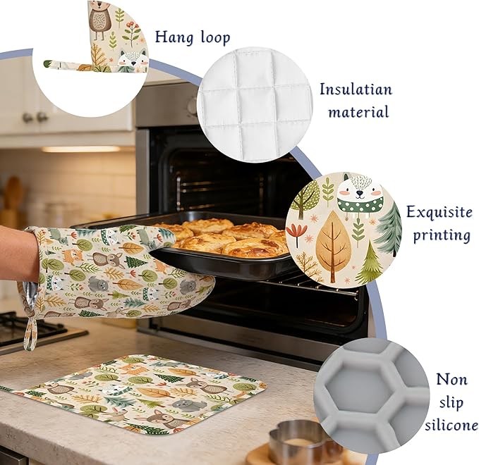 Cute Animals Oven Mitts and Pot Holders Fall Trees Leaves Silicone Kitchen - Image 4