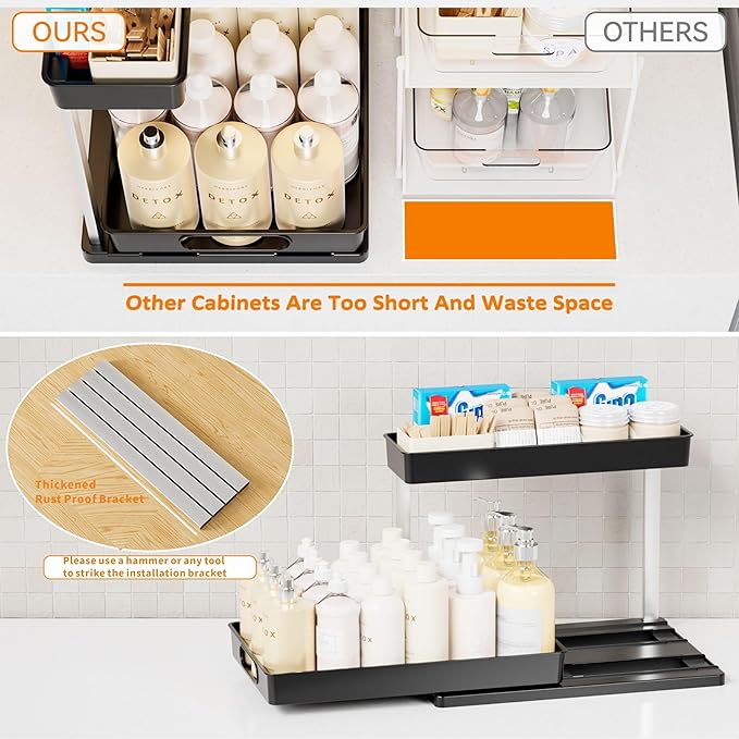 Yieach 2 Pack 10.8″ High Pull Out Under Sink Organizer, 14.5″ Deep 2 Tier Slide - Image 6