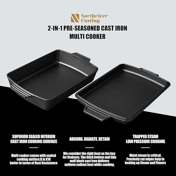 Northriver Casting 2-In-1 Pre Seasoned Cast Iron Dutch Oven - Image 3