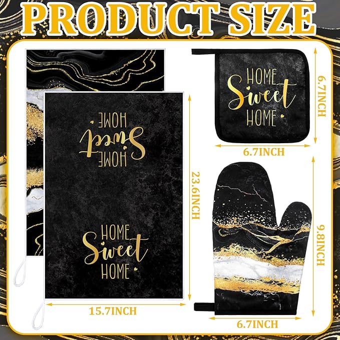 Leinuosen 8 Pcs Black Marble Kitchen Decor Dish Towels and Oven Mitts Sets Pot - Image 3