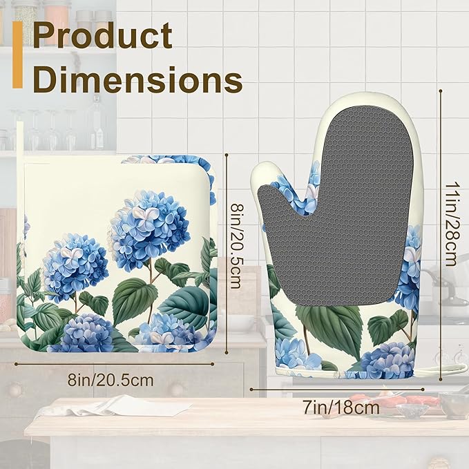 Blue Hydrangea Flower Spring Oven Mitts and Pot Holders Set of 4, Heat - Image 2