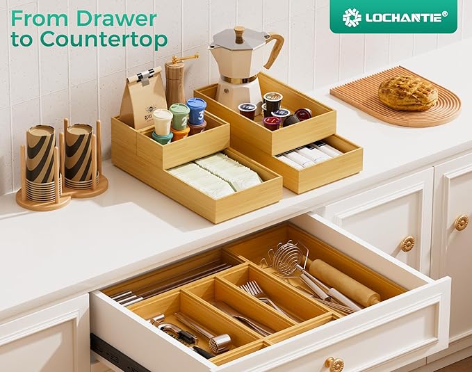 Bamboo Kitchen Drawer Organizer Boxes – 9" x 3" Stackable Wood Silverware - Image 7