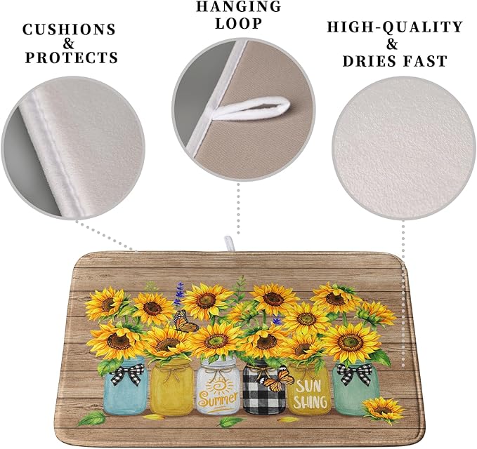 Sunflower Dish Drying Mat for Kitchen 18x24 Inch Counter Rustic Vintage Floral - Image 3