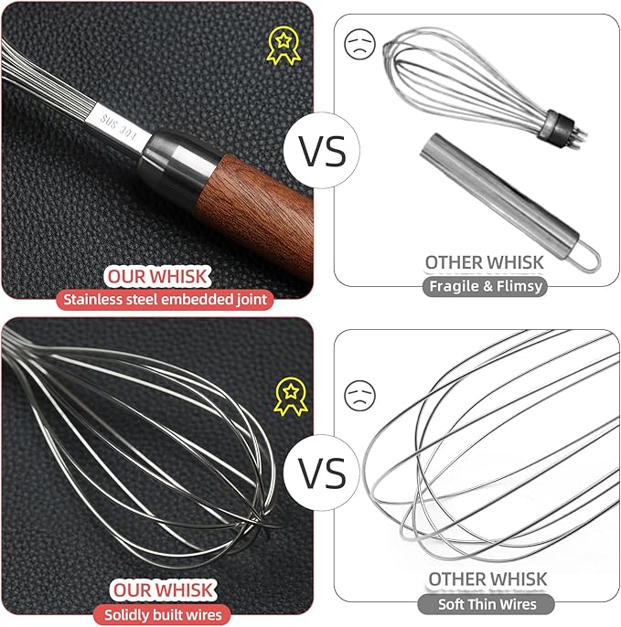 Stainless Steel Wire Whisk for Cooking- Wooden Handle Kitchen Multi Function - Image 3