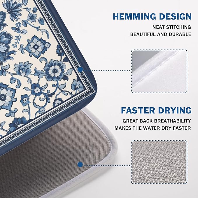 Blue Floral Dish Drying Mat for Kitchen Counter Vintage Flower Pattern - Image 3