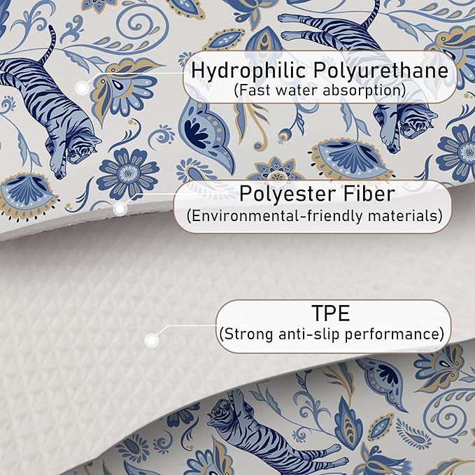 Blue and White Floral Tiger Dish Drying Mat, Chinoiserie Tiger Coffee Bar Mat - Image 6