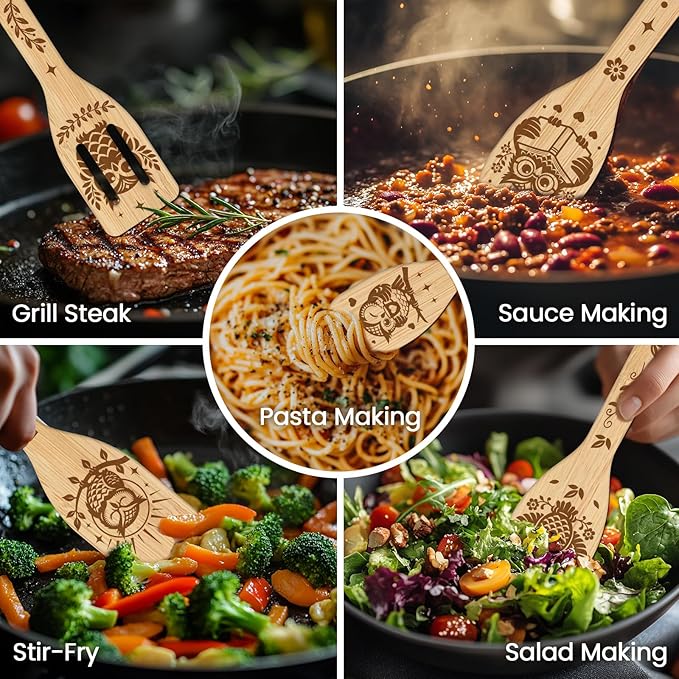 CUTHOLLOW 6PCS Owls Wooden Kitchen Cooking Utensil Set, 11.9in Non Toxic Bamboo - Image 4