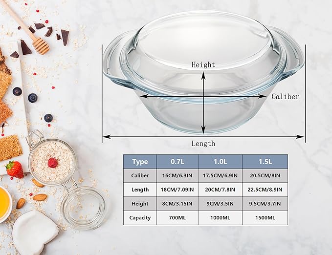 Casserole Baking Dish with 2 pcs, 1 QT large, Round with Handle and Lid - Image 7