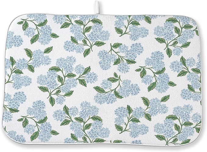 Blue Sage Green Floral Dish Drying Mat 18 x 24 Inch Spring Hydrangea Floral by Sorktse