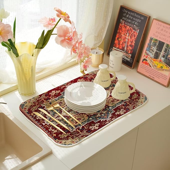 Burgundy Red Dish Drying Mat 18 x 24 inch Bohemian Rug Carpet Decorative Drying - Image 7