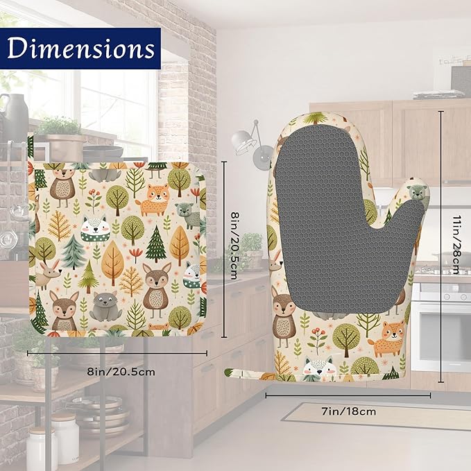 Cute Animals Oven Mitts and Pot Holders Fall Trees Leaves Silicone Kitchen - Image 2
