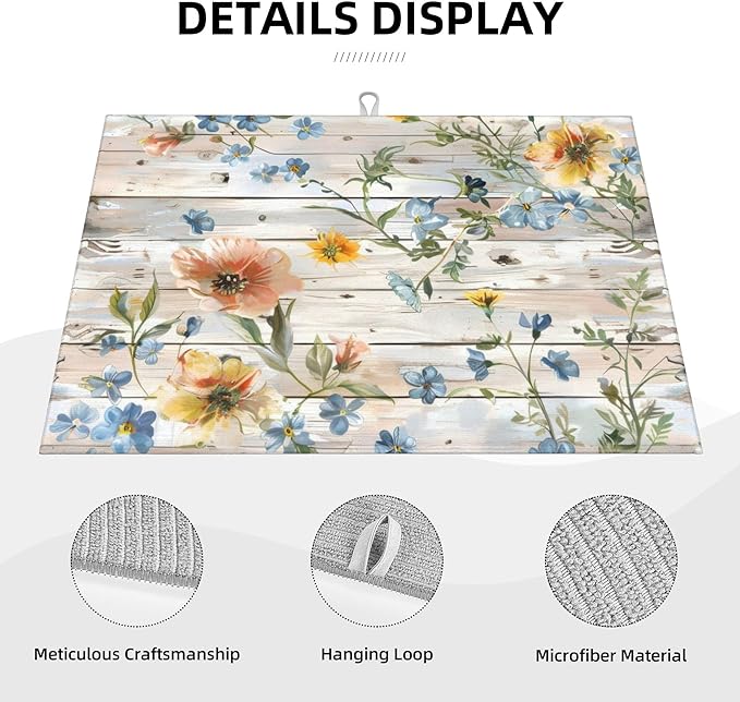 Flowers on Wooden Board Dish Drying Mat 18x24 Inch, Microfiber Absorbent Fast - Image 3