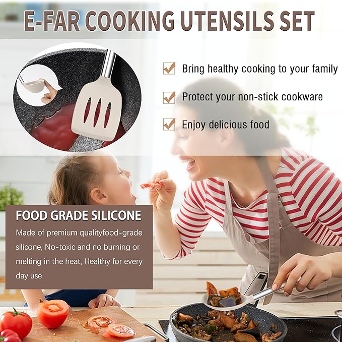 E-far Silicone Cooking Utensils Set, 14-Piece Khaki Kitchen Utensils Set - Image 4