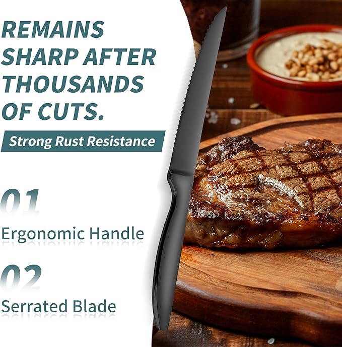 SuperCook Black Steak Knives Set of 8, Steak Knives Dishwasher Safe, Knife Set - Image 2