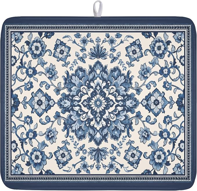 Blue Floral Dish Drying Mat for Kitchen Counter Vintage Flower Pattern by Unknown