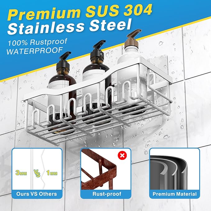 EUDELE 5-Pack Rustproof Stainless Steel Shower Caddy Set– No Drill Adhesive - Image 5