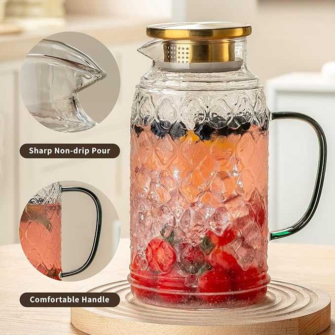Buaic Glass Pitcher with Lid, 2 PACK 84 oz/2.5L Liter Vintage Water Pitcher - Image 3