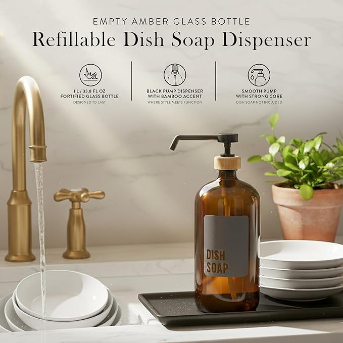 SAVVY & SORTED Amber Glass Dish Soap Dispenser - Image 2
