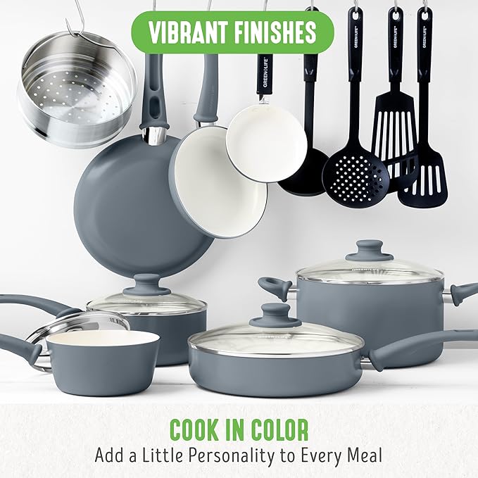 GreenLife Soft Grip Healthy Ceramic Nonstick 18 Piece Kitchen Cookware Pots and - Image 5