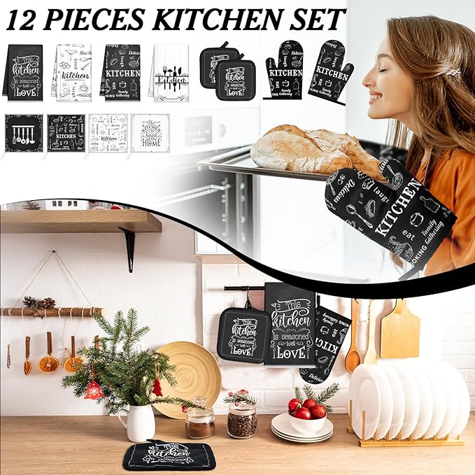 Bencailor 12 Pcs Farmhouse Kitchen Decor and Accessories Sets 4 Black and White - Image 2