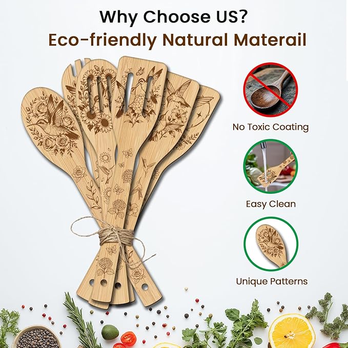 CUTHOLLOW 6PCS Hummingbird and Rose Wooden Kitchen Cooking Utensil Set - Image 3