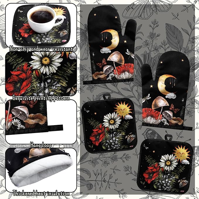 12 Pcs Black Witchy Kitchen Decor Set 4 Mushroom Kitchentowels 4 Absorbent - Image 5