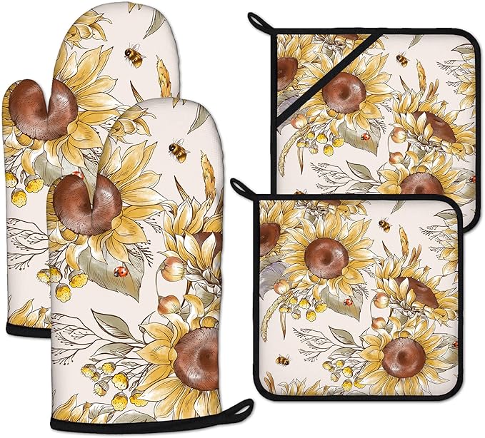 Watercolor Sunflower Oven Mitts and Pot Holders Sets Heat Resistant 4Pcs by ANTJOO