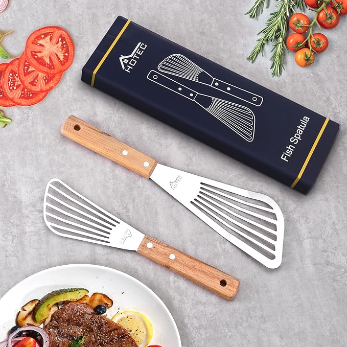 HOTEC 2pcs Stainless Steel Wooden Handle Fish Spatula, Metal Spatula Flipping - Image 7