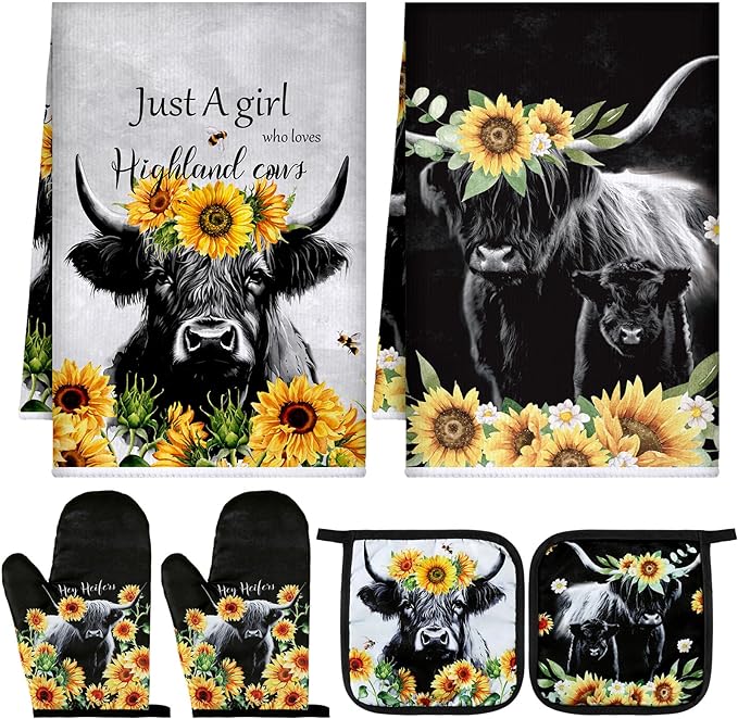 Leinuosen 6 Sunflower Cow Kitchen Towels Kitchen Decor and Accessories Set by Leinuosen
